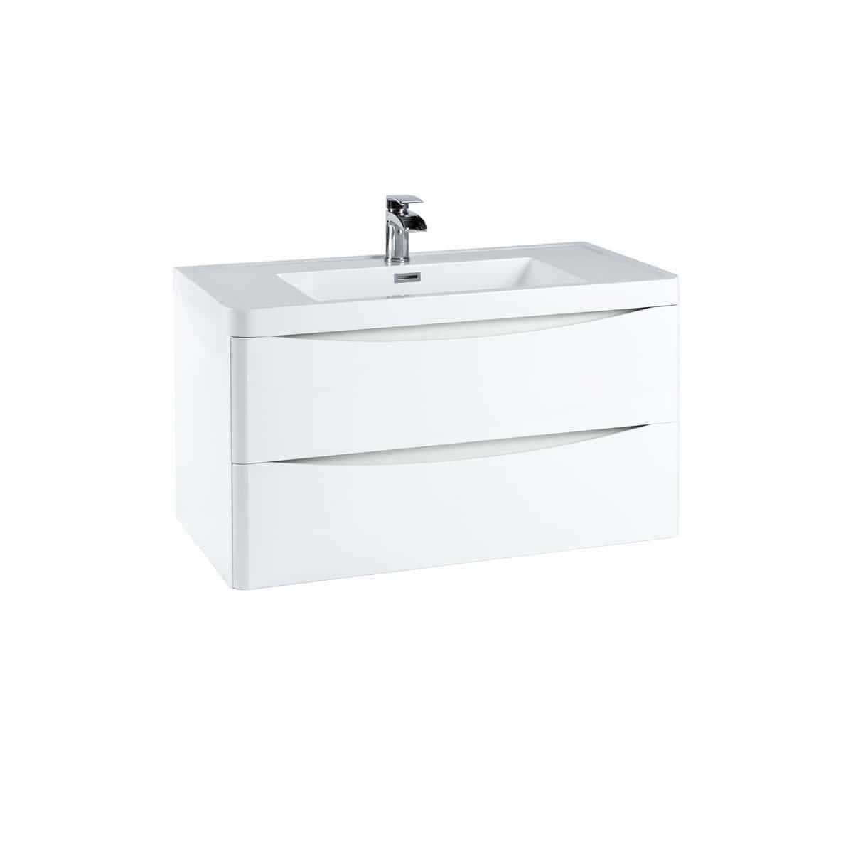 Sleek white bathroom vanity with integrated sink and chrome tap, perfect for modern bathrooms. Features two spacious drawers for convenient storage and contemporary design.