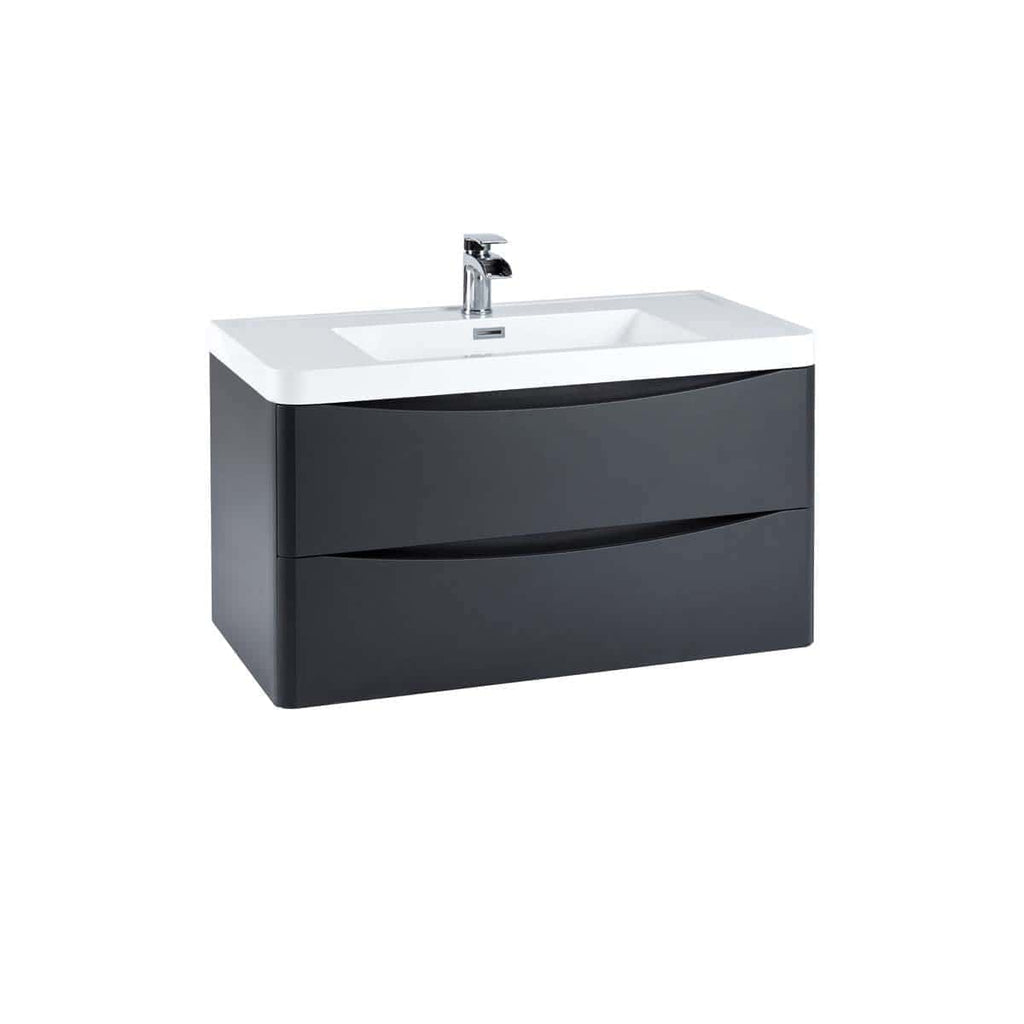 Modern black bathroom vanity unit with integrated white ceramic sink and chrome faucet, stylish storage drawers for contemporary bathroom designs.