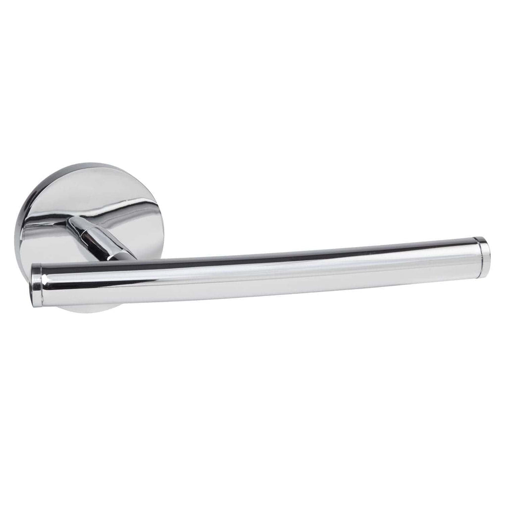 Polished chrome bathroom towel rail holder on a white background.