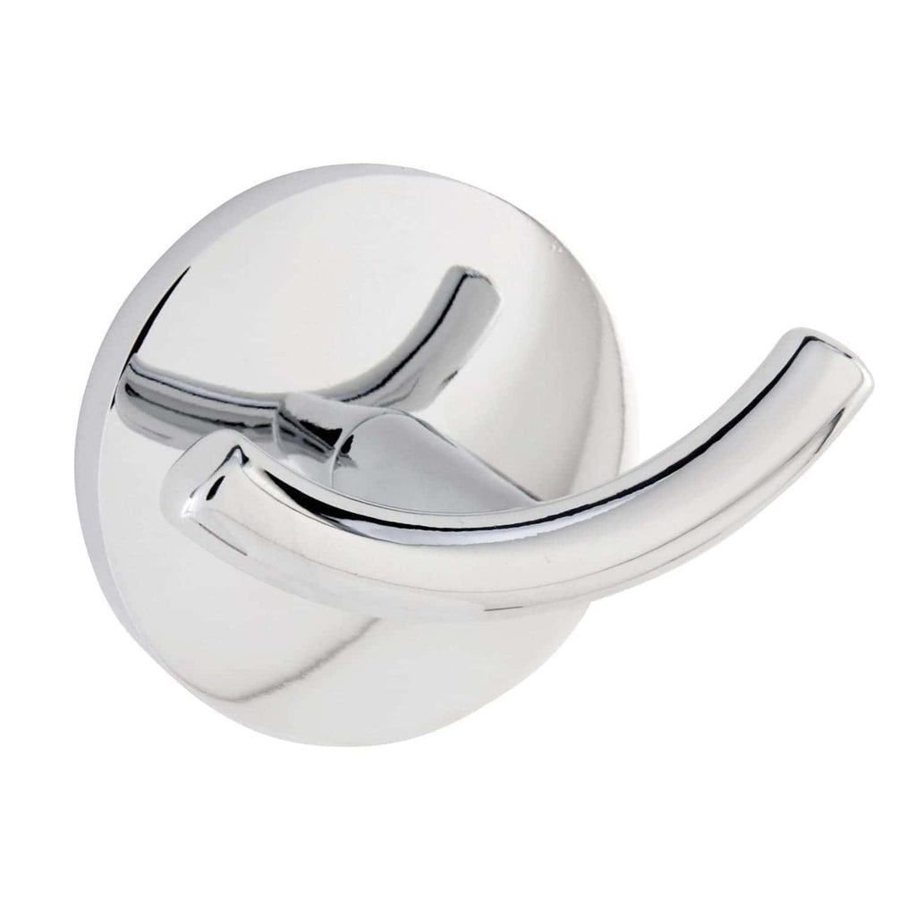 Shiny chrome bathroom towel hook on a white background, modern bathroom accessories, durable and easy to install, perfect for organising towels and robes in contemporary bathroom spaces.