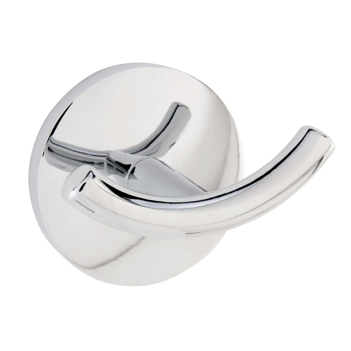 Shiny chrome bathroom towel hook on a white background, modern bathroom accessories, durable and easy to install, perfect for organising towels and robes in contemporary bathroom spaces.