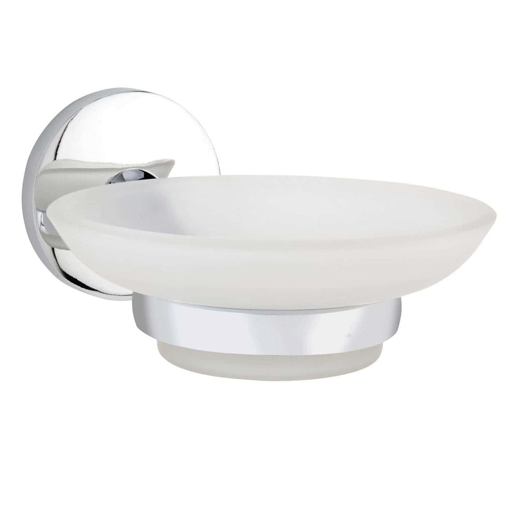 Sleek white wall-mounted bathroom soap dish with chrome accents for modern bathroom decor.
