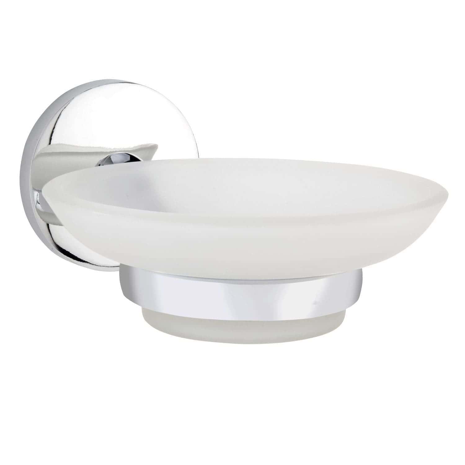 Sleek white wall-mounted bathroom soap dish with chrome accents for modern bathroom decor.
