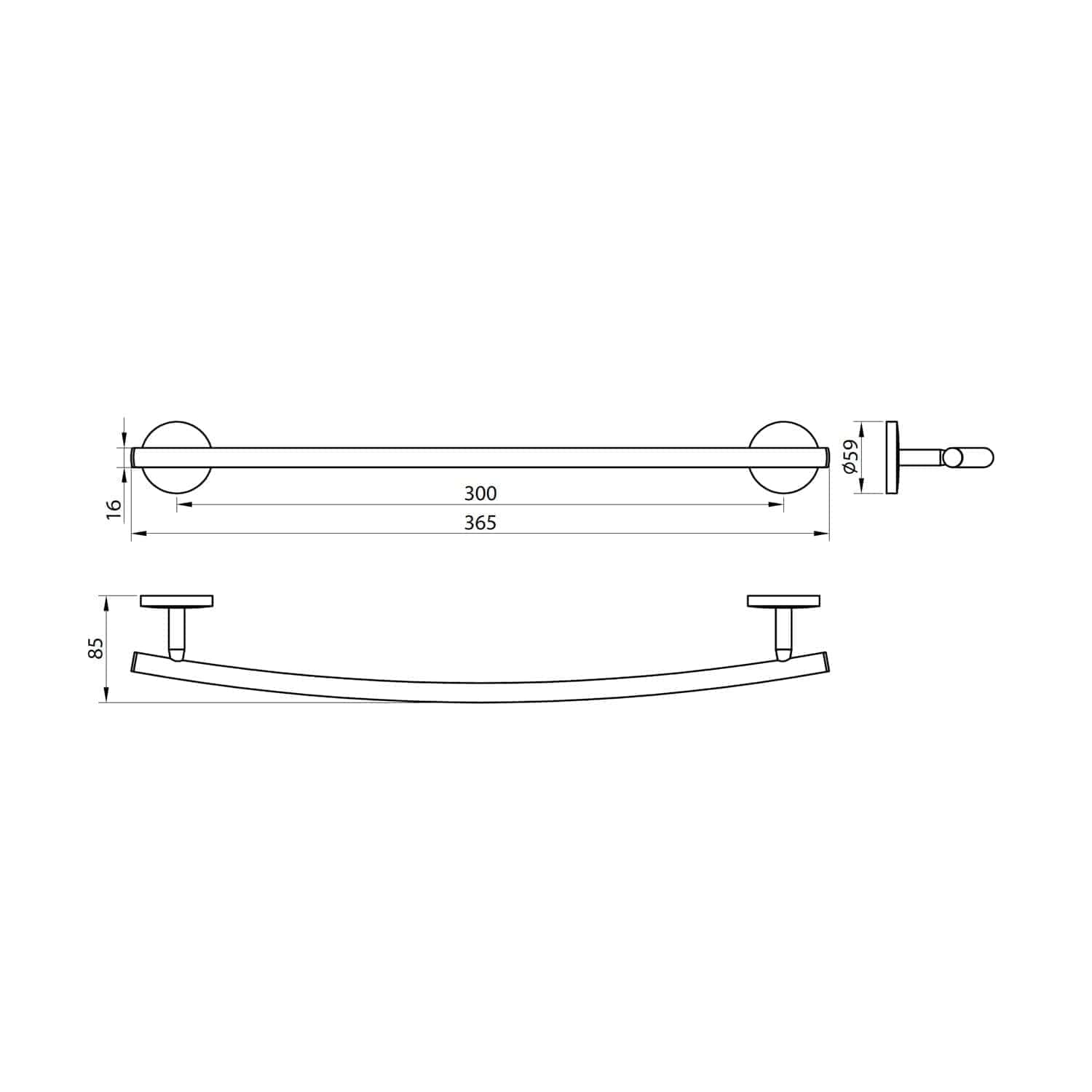 High-quality bathroom towel rail with sleek design, 365mm length, 16mm diameter, and wall-mounted installation, perfect for modern bathrooms by Bubly Bathrooms.