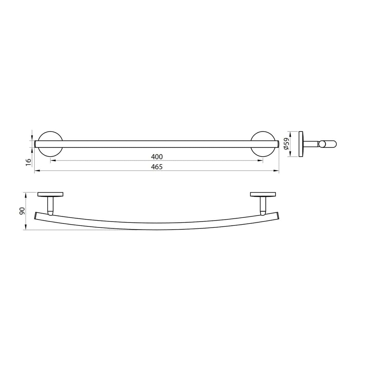 Modern chrome bathroom towel rail with precise measurements for installation, including a curved design and wall brackets, perfect for stylish bathroom organisation.