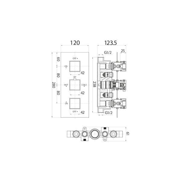 2206-ALT-Text: Technical plumbing diagram of a bathroom mixer valve with detailed measurements for installation.