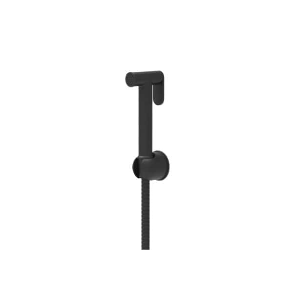 Black shower head holder with flexible mounting clip for bathroom shower systems.
