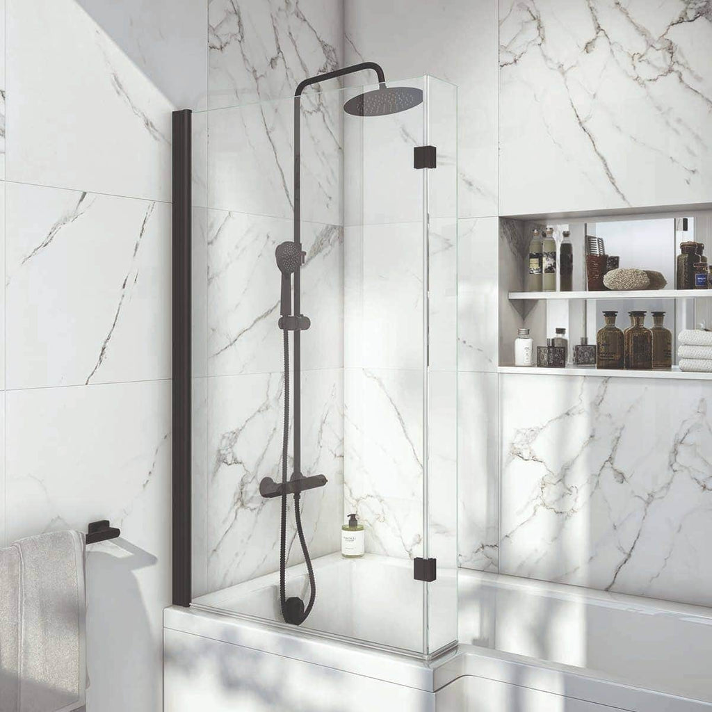 Sleek black and chrome shower panel with rainfall and handheld shower options in a modern marble-tiled bathroom.