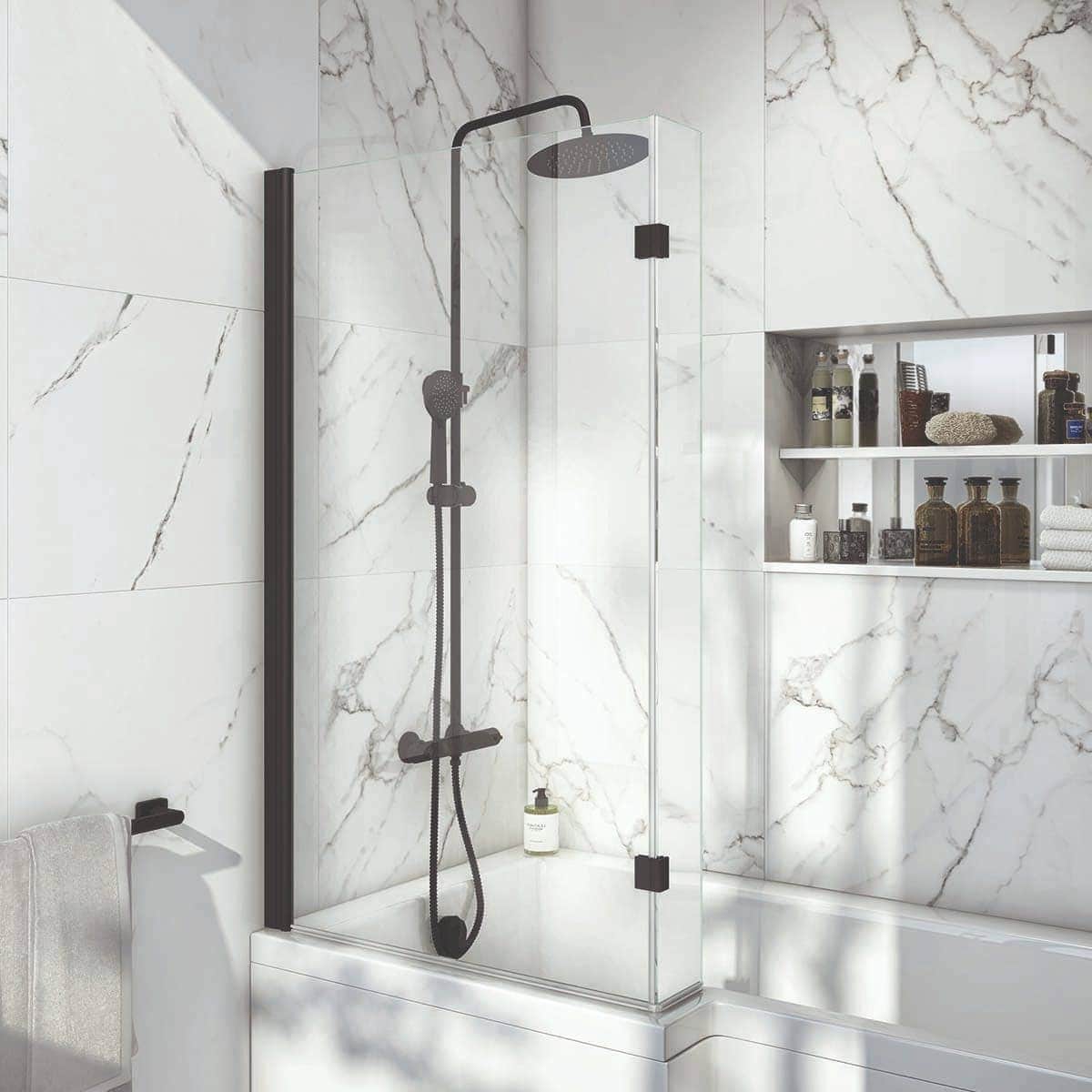 Sleek black and chrome shower panel with rainfall and handheld shower options in a modern marble-tiled bathroom.