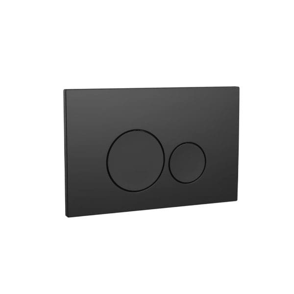 Flush plate with dual push buttons for modern bathroom toilet systems. Sleek black design from Bubly Bathrooms, perfect for contemporary bathroom fixtures.