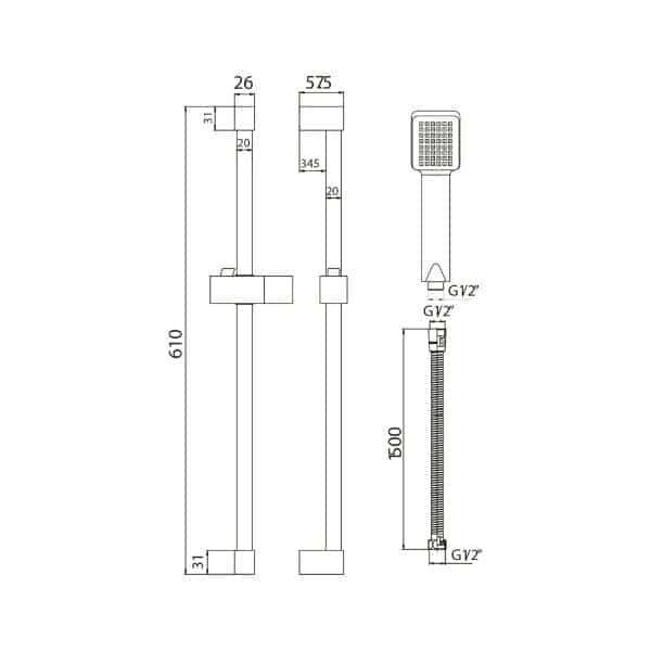 Schematic drawing of a modern shower system with detailed measurements and fittings for customised bathroom installations.