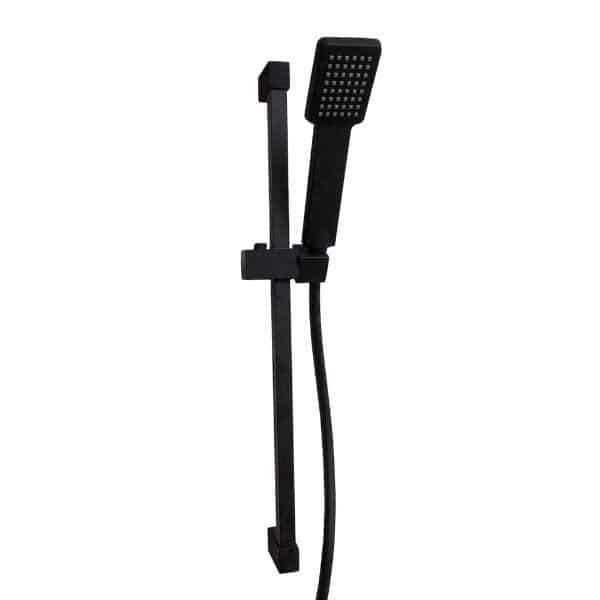 Black handheld shower head with adjustable bracket for modern bathroom settings.
