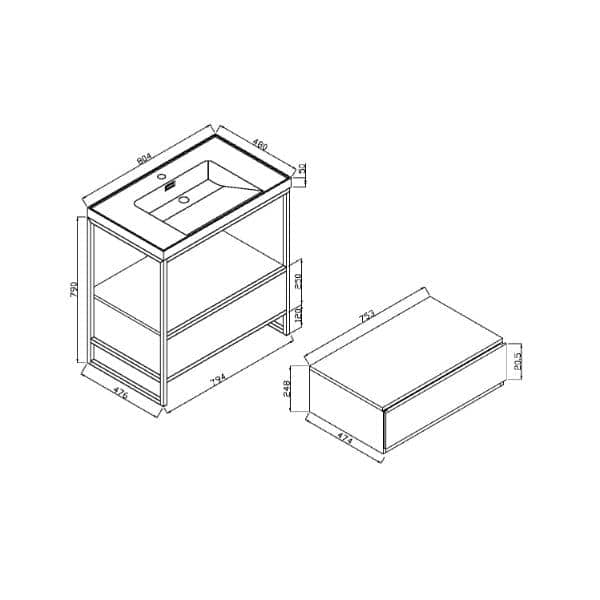 Sink and vanity unit technical drawing with measurements for bathroom installation, ideal for modern Bubly Bathrooms kitchens and bathrooms in the UK.