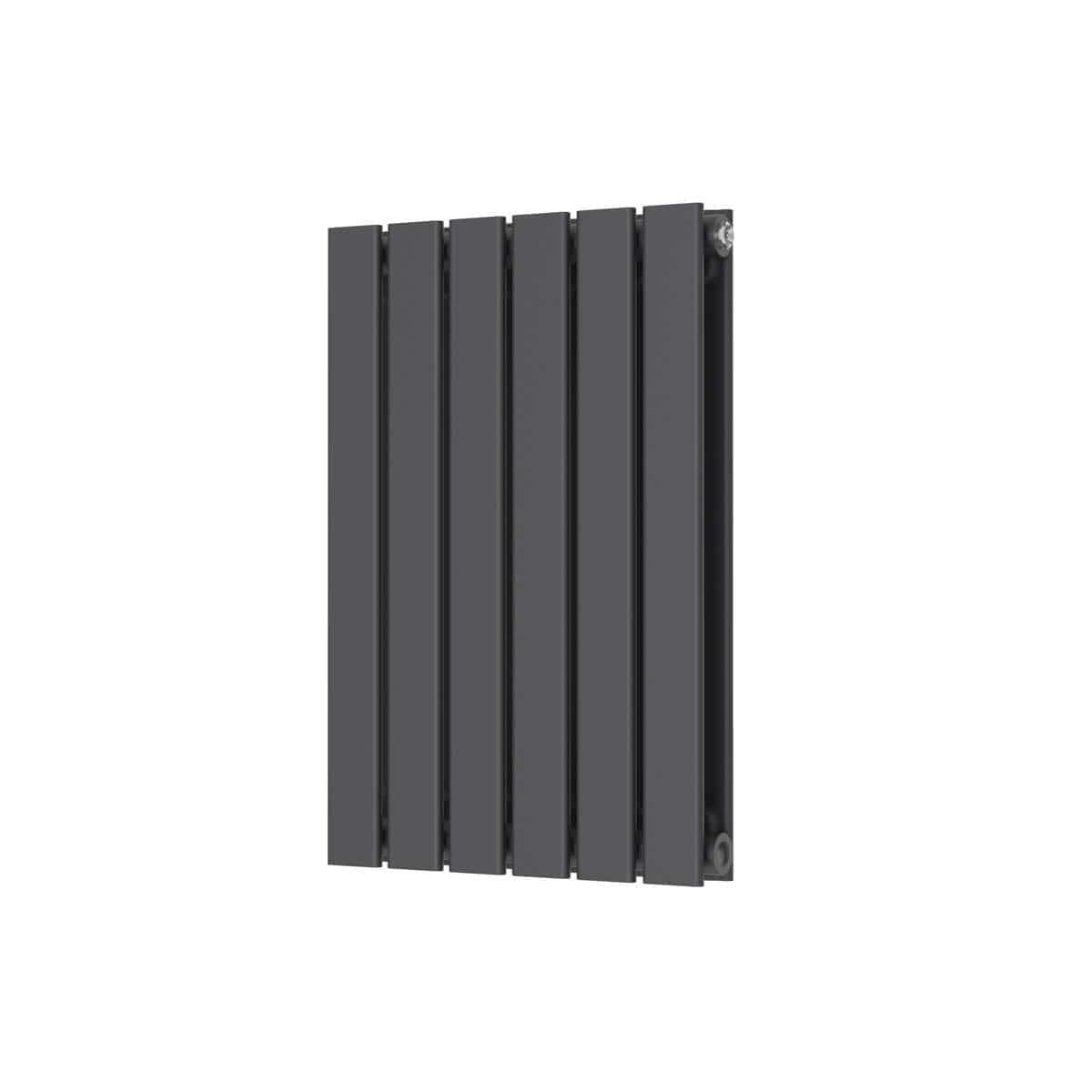 Radiator for bathroom heating, modern black vertical panel radiator, sleek design from Bubly Bathrooms, ideal for contemporary bathroom decor, energy-efficient heating solution.