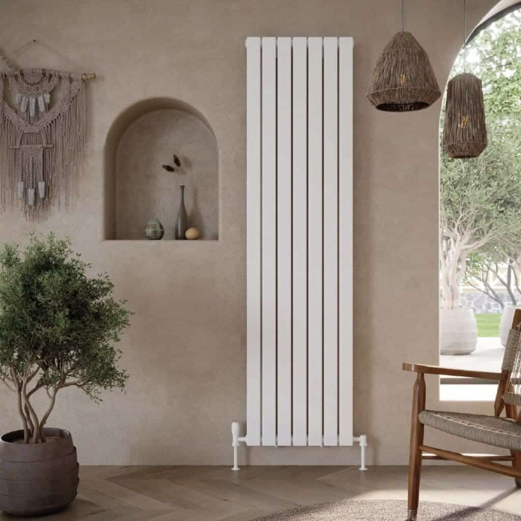 Contemporary white panel radiator in a modern bathroom with natural decor elements and wicker pendant lights.
