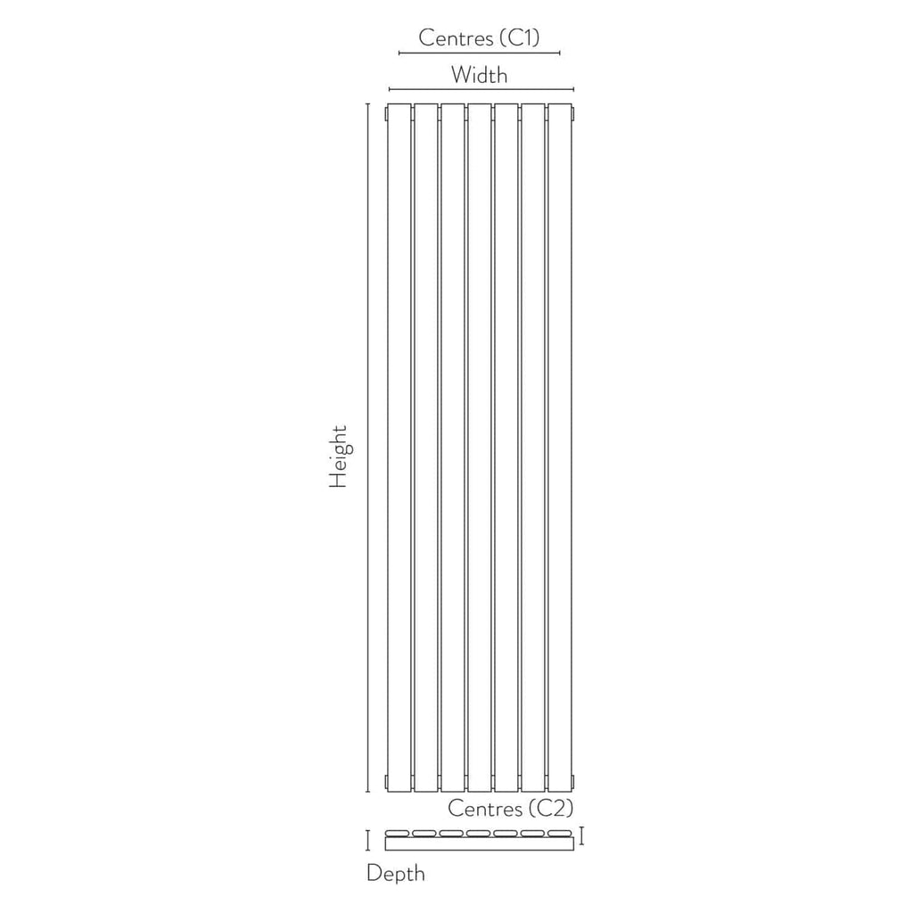 Radiator layout diagram showing dimensions for bathroom central heating radiator, with detailed height, width, and depth measurements. Suitable for bathroom heating solutions.