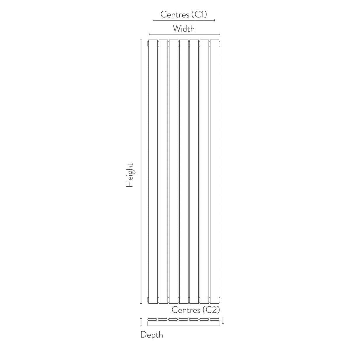 Radiator layout diagram showing dimensions for bathroom central heating radiator, with detailed height, width, and depth measurements. Suitable for bathroom heating solutions.