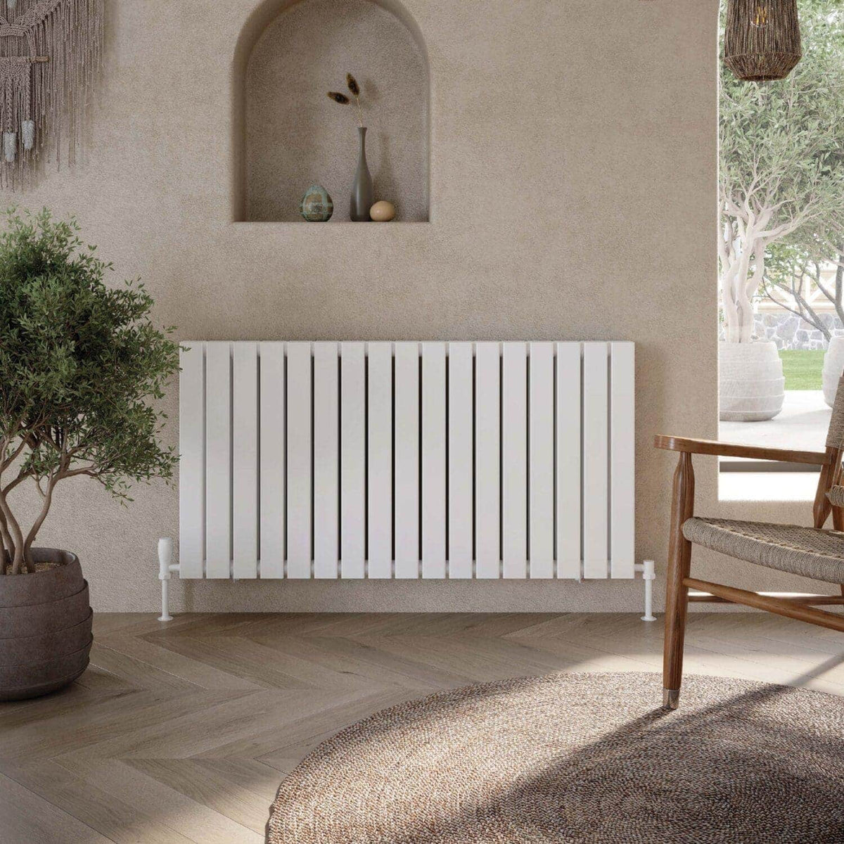 Contemporary white radiator in modern bathroom with warm beige textured wall, wooden accents, and natural lighting, perfect for stylish heating solutions.
