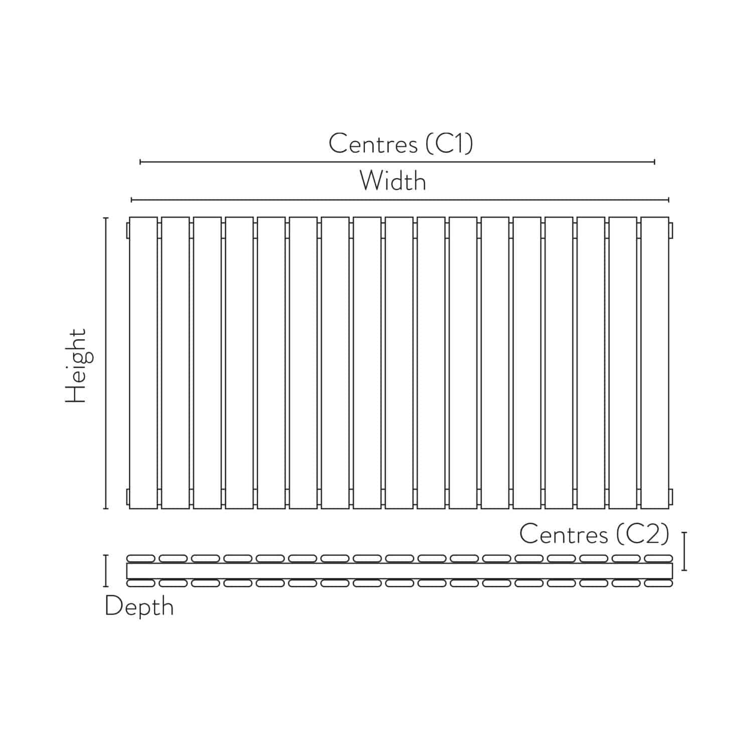 High-quality radiator diagram showcasing dimensions like height, width, and depth, ideal for bathroom heating solutions from Bubly Bathrooms, a trusted supplier of modern bathroom radiators.