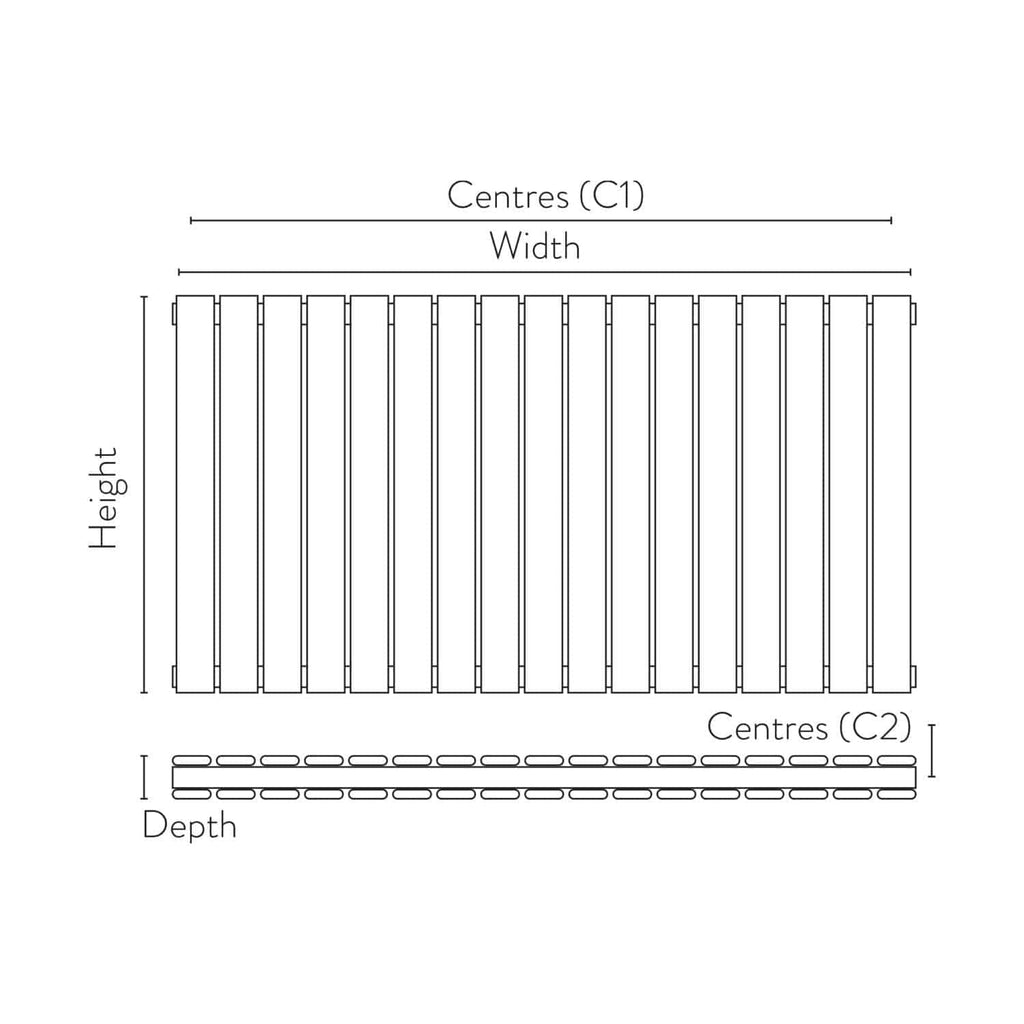 Aluminium radiator front view with detailed measurements for installation and design; perfect for modern bathroom heating solutions.