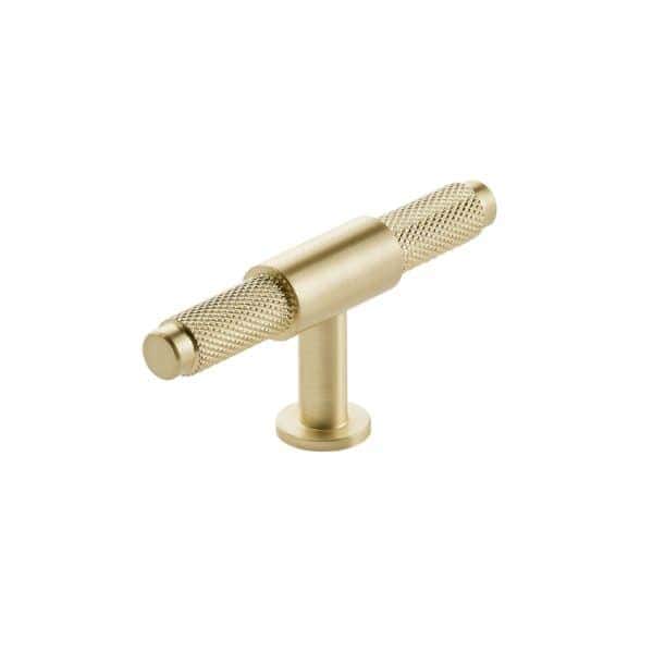 Knurled brass bathroom t-bar handle for shower door or bath enclosure, premium bathroom accessories for Bubly Bathrooms.
