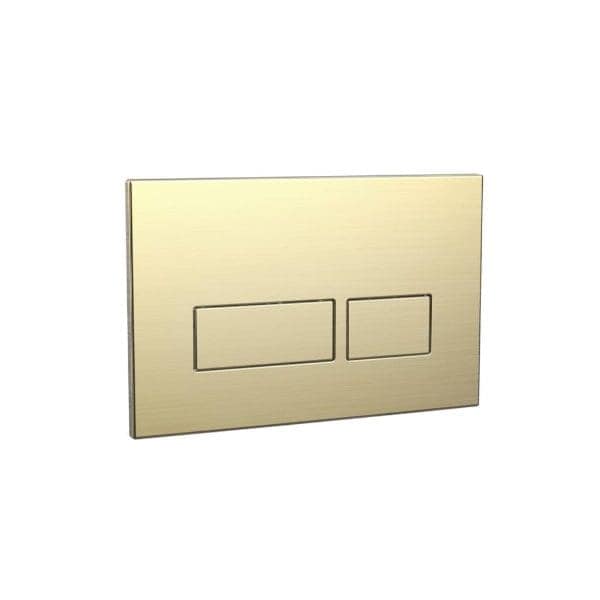Dual-flush bathroom toilet cistern flush plate in brushed gold finish, modern wall-mounted design for elegant bathroom upgrades.