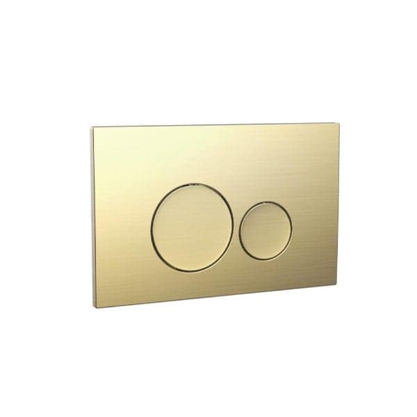 Dual flush toilet flush plate in brushed gold finish for modern, stylish bathroom designs. Easy to install and operate, perfect for enhancing your Bubly Bathrooms upgrade.
