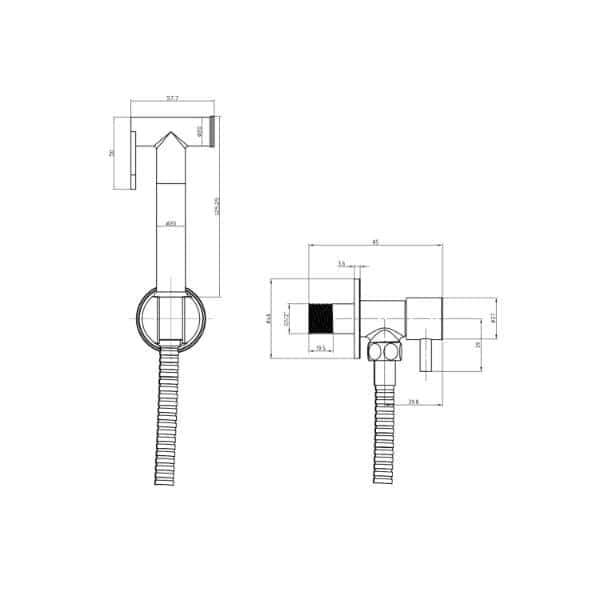 Flexible shower hose with fittings, technical drawing, plumbing components for bathroom installation.