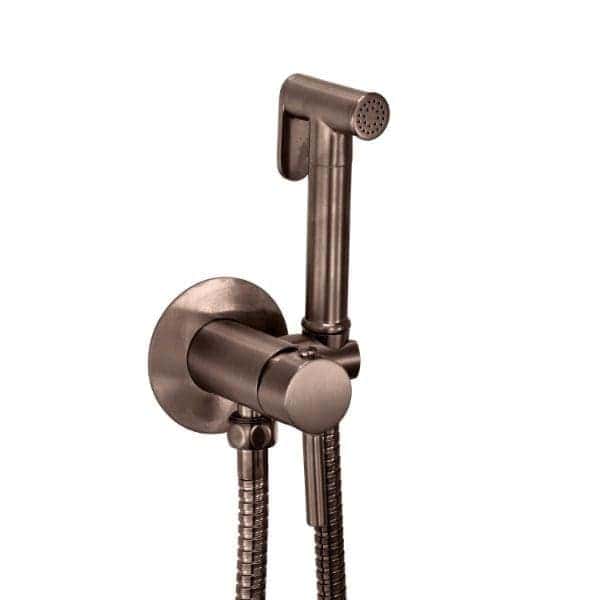 Shower head and handheld bidet spray set in brushed metal finish for modern bathroom fixtures. Ideal for enhancing hygiene and convenience in contemporary Bubly Bathrooms.