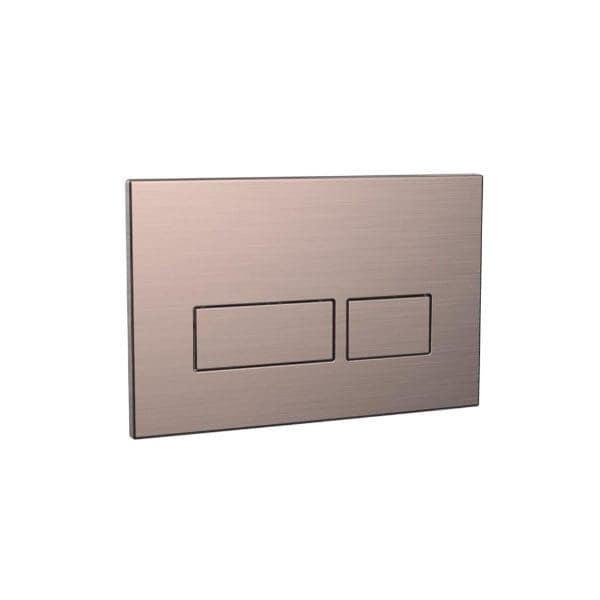 Dual flush toilet flush plate in brushed stainless steel, modern bathroom fixture, easy-to-use water-saving installation, sleek and durable design from Bubly Bathrooms.
