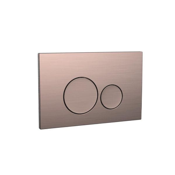 Push button toilet flush plate in brushed metal finish, modern bathroom accessory, easy installation, compatible with various toilet designs. Ideal for contemporary bathroom upgrades.