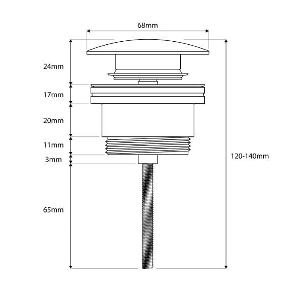 Plastic bathroom drain plug with measurements and threaded stem for bathtub or sink installation. Durable, easy to install, and ideal for bathroom plumbing repairs and upgrades.
