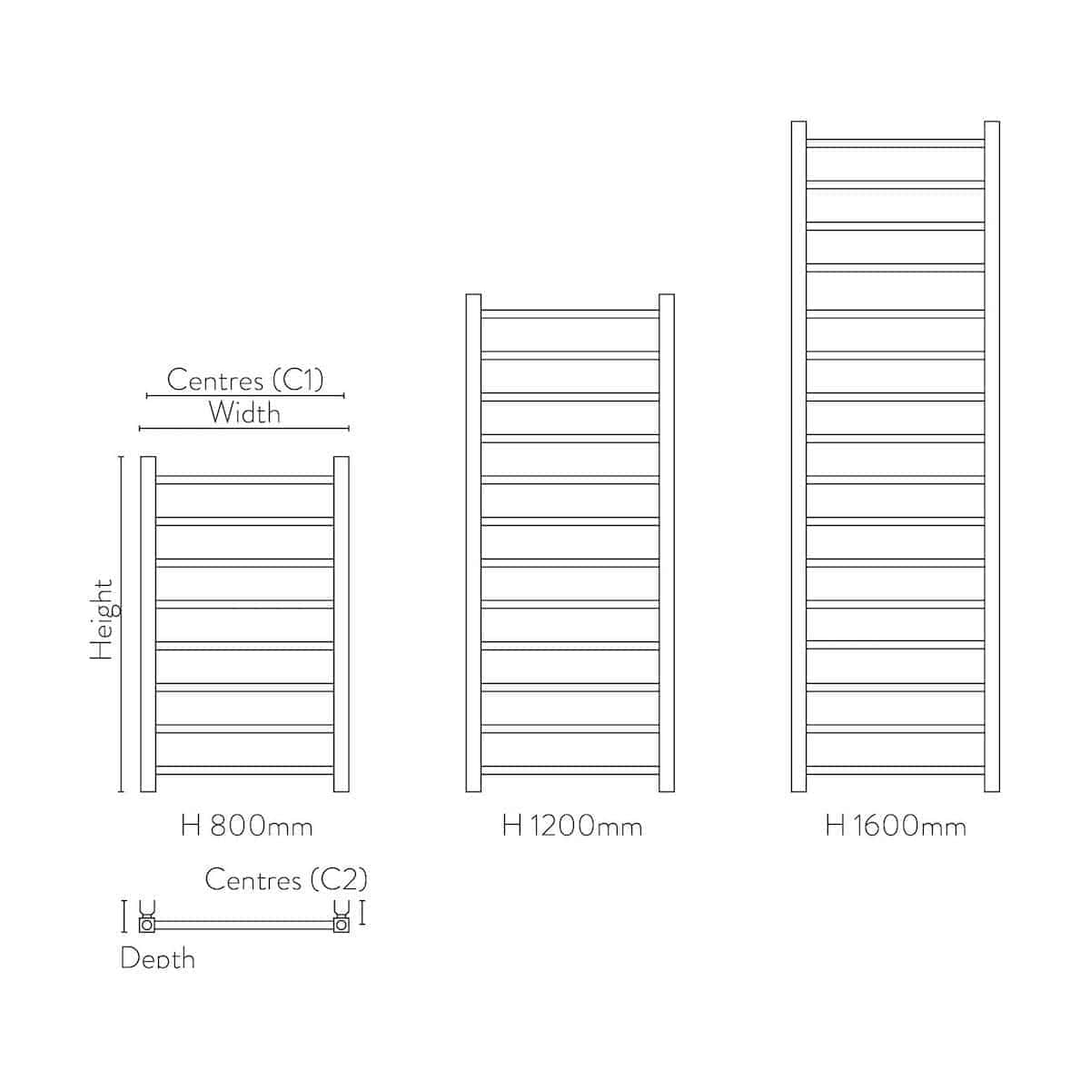 Extendable heated towel rail design with multiple heights, perfect for modern bathrooms, featuring detailed measurements and centres for optimal bathroom space planning.