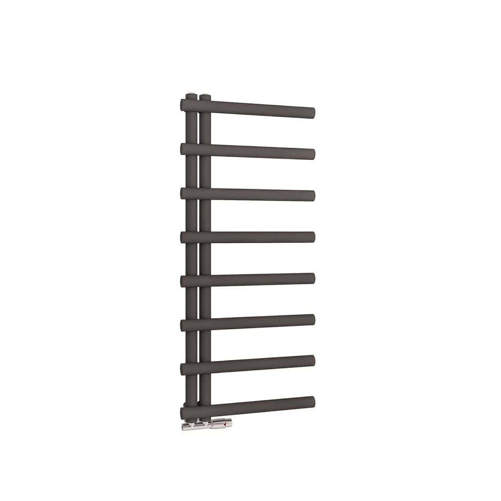 Stylish black towel radiator with horizontal bars, perfect for modern bathrooms and heating needs in UK homes. Durable, space-saving design adds contemporary elegance.