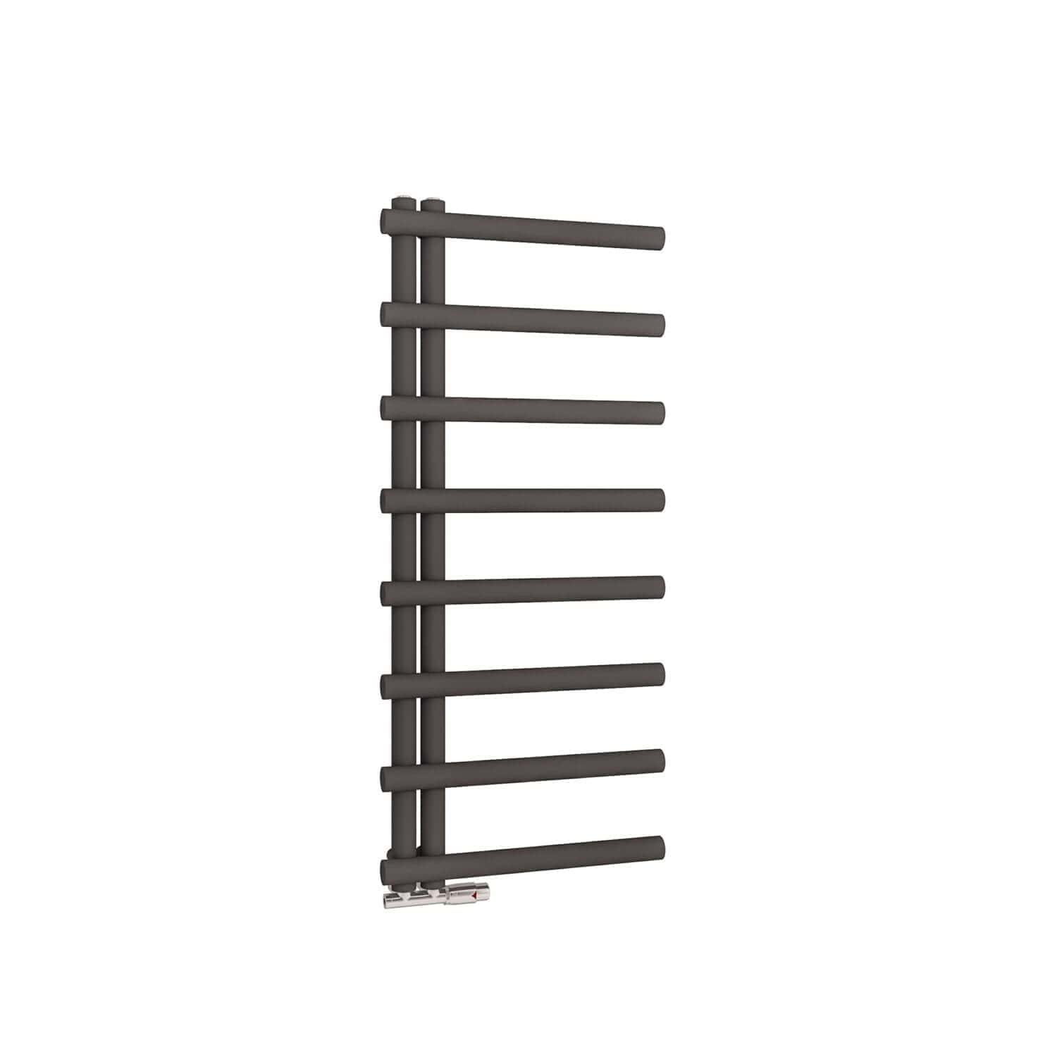 Stylish black towel radiator with horizontal bars, perfect for modern bathrooms and heating needs in UK homes. Durable, space-saving design adds contemporary elegance.