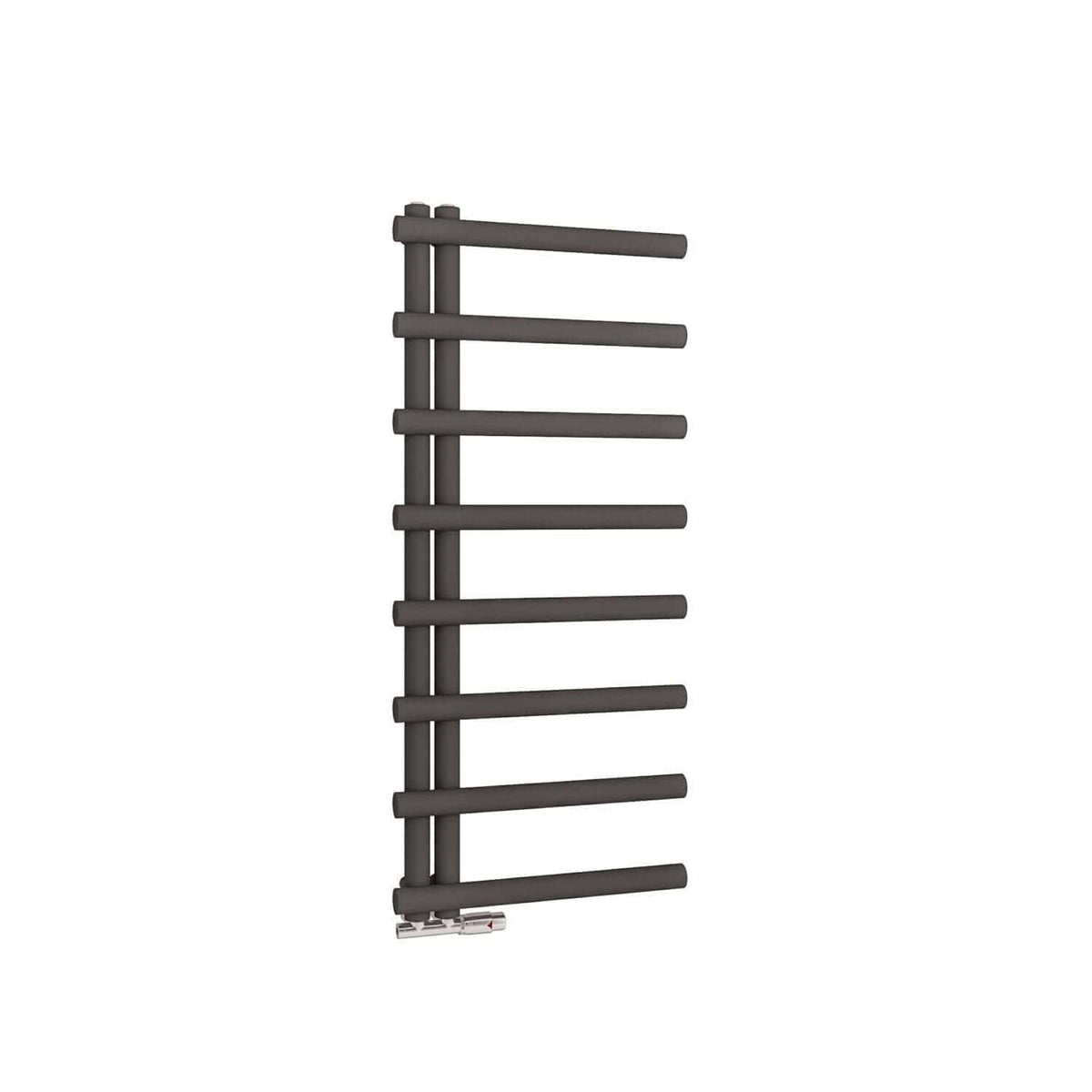 Stylish black towel radiator with horizontal bars, perfect for modern bathrooms and heating needs in UK homes. Durable, space-saving design adds contemporary elegance.