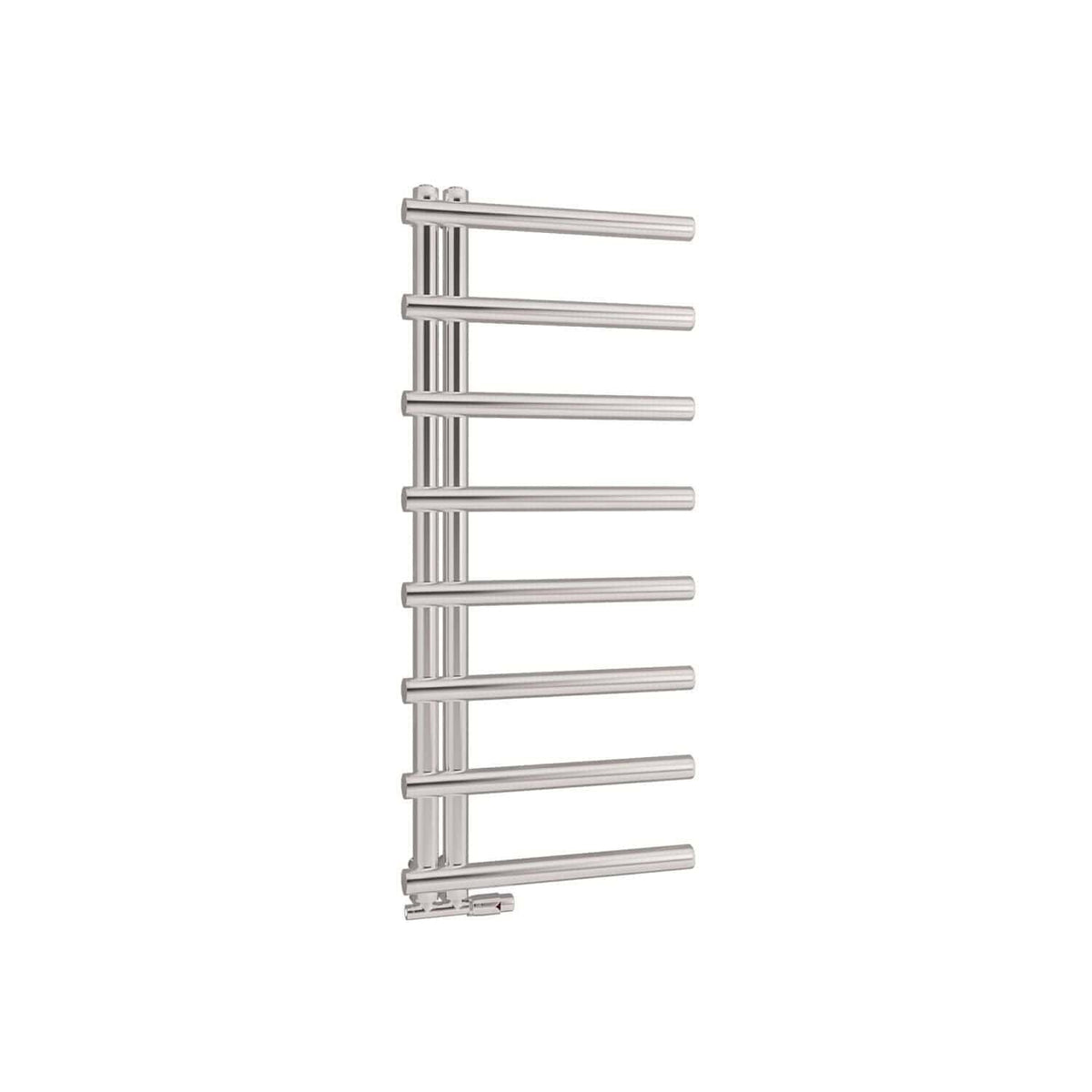 Modern chrome towel radiator with horizontal bars, ideal for bathroom heating and towel drying. Sleek, durable design from Bubly Bathrooms for contemporary bathroom spaces.