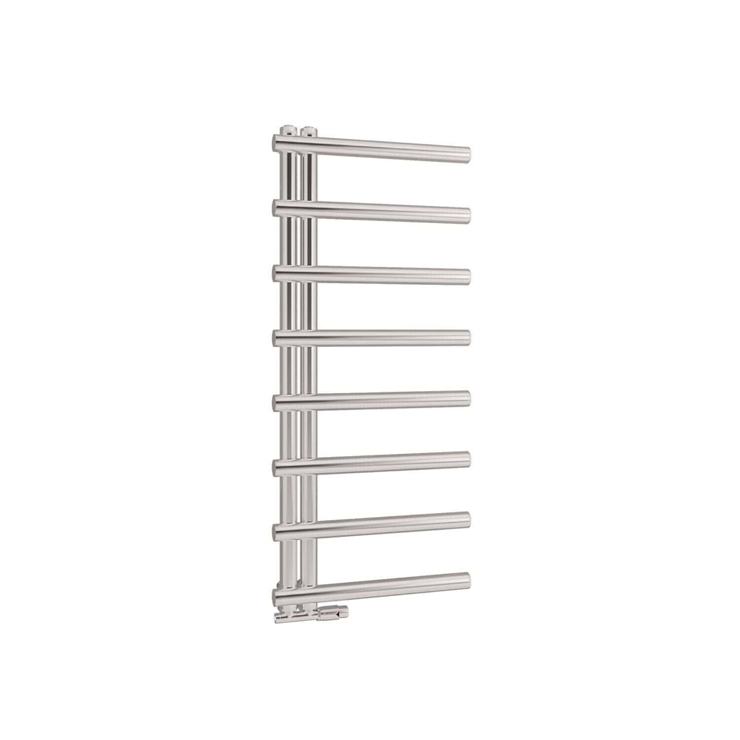 Modern chrome towel radiator with horizontal bars, ideal for bathroom heating and towel drying. Sleek, durable design from Bubly Bathrooms for contemporary bathroom spaces.
