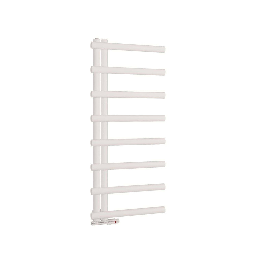 White towel radiator for bathroom heating and drying, modern design with multiple horizontal bars, easy to install and energy-efficient. Perfect for contemporary bathroom décor.