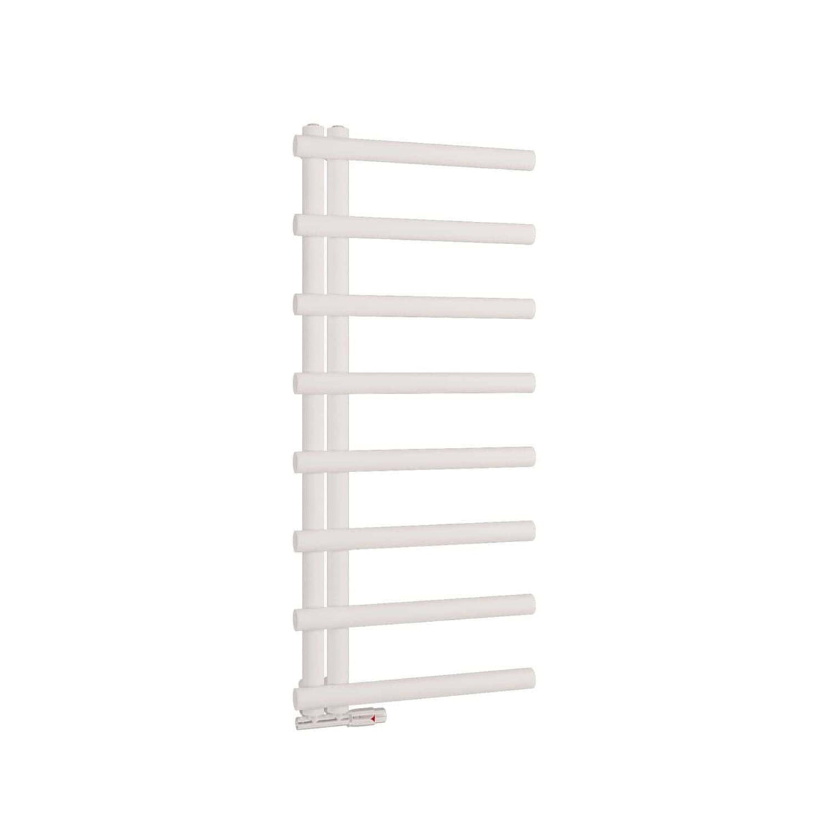 White towel radiator for bathroom heating and drying, modern design with multiple horizontal bars, easy to install and energy-efficient. Perfect for contemporary bathroom décor.