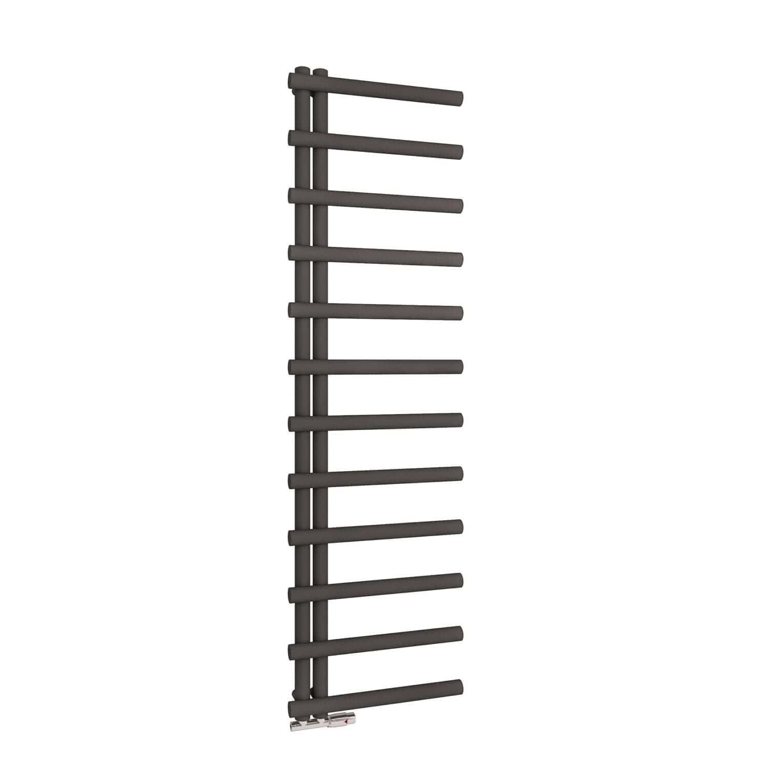 Radiator towel rail in matte black, modern design, suitable for bathroom heating and drying towels, stylish addition to Bubly Bathrooms modern bathroom collections.
