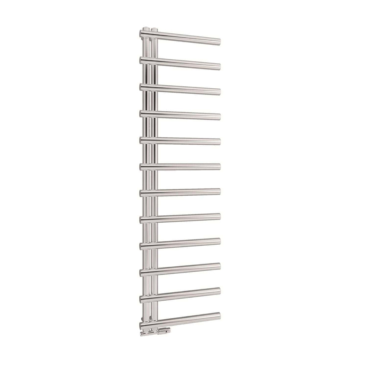 Polished stainless steel bathroom towel radiator, modern heating towel rail, wall-mounted ladder radiator, chrome-finished bathroom heater, Bubly Bathrooms UK product image.