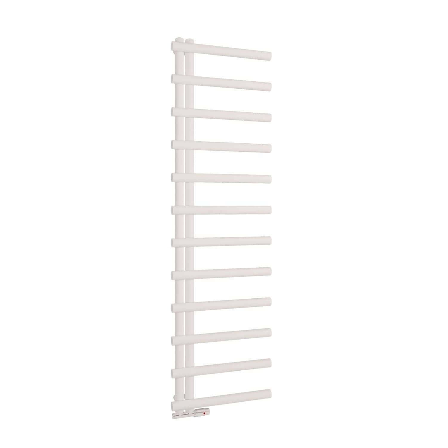 White towel radiator for bathrooms, modern and space-saving heating solution, ideal for stylish Bubly bathroom interiors, with efficient heat distribution and contemporary design.