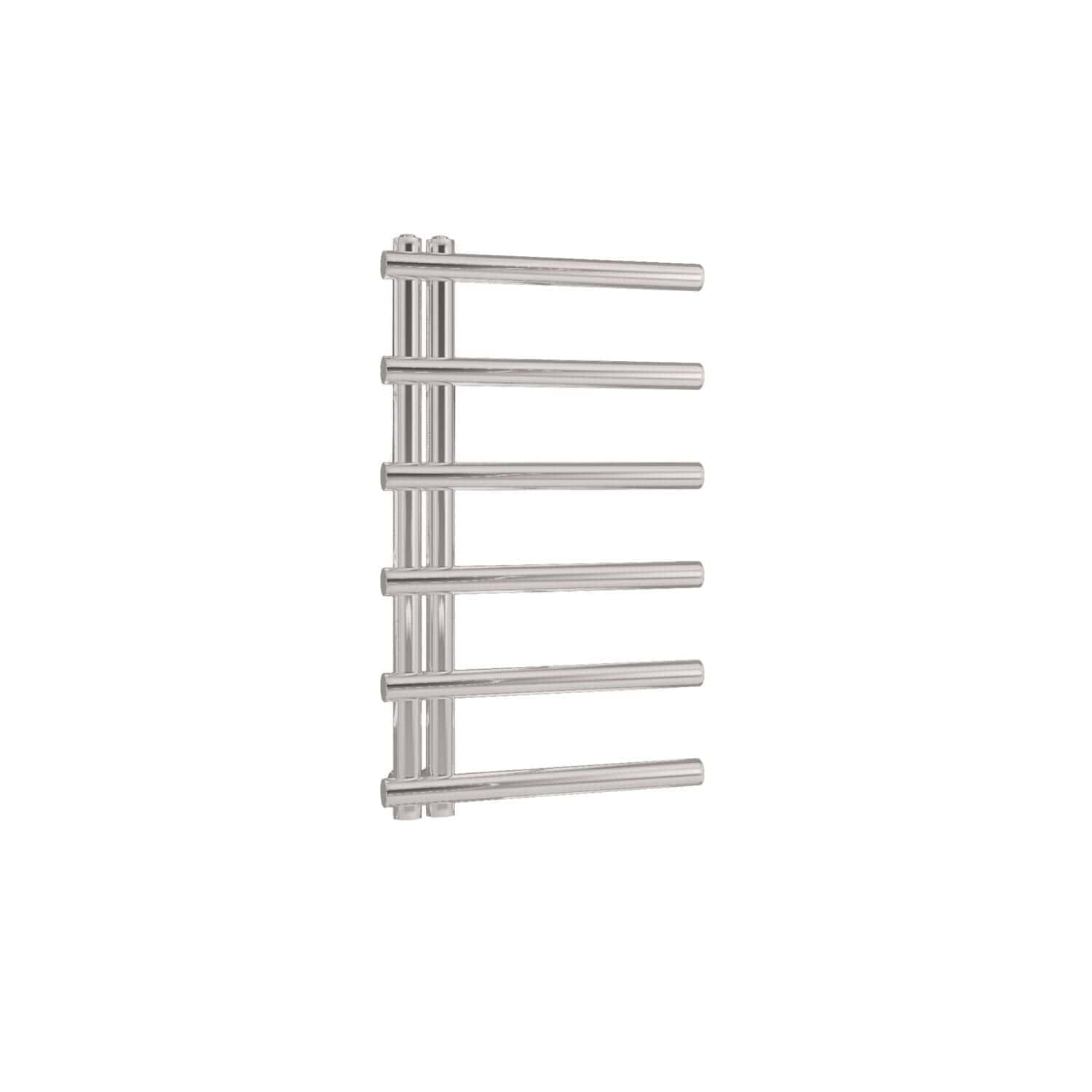 Sleek modern chrome heated towel rail with multiple horizontal bars for towel drying and heating in bathrooms. Perfect for contemporary bathroom designs.