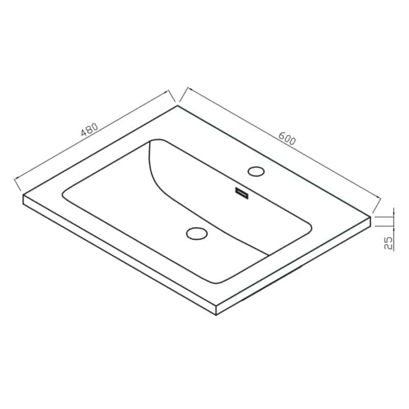 Rectangular bathroom sink with installation dimensions, modern design, ceramic material, and integrated overflow for contemporary Bubly Bathrooms.