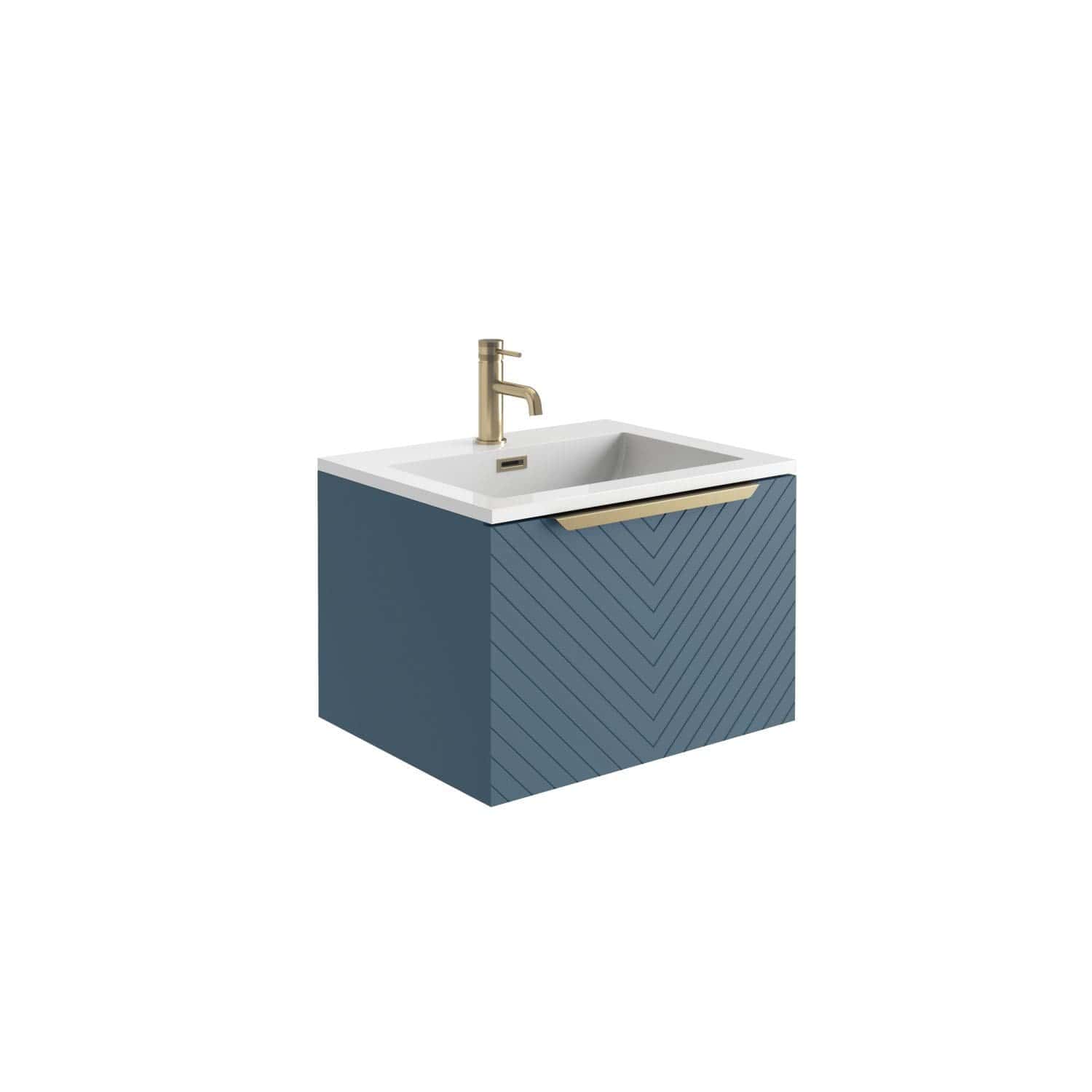 Sleek navy blue bathroom vanity with chevron patterned front, white integrated sink, and modern brushed gold faucet, perfect for contemporary bathroom interiors.