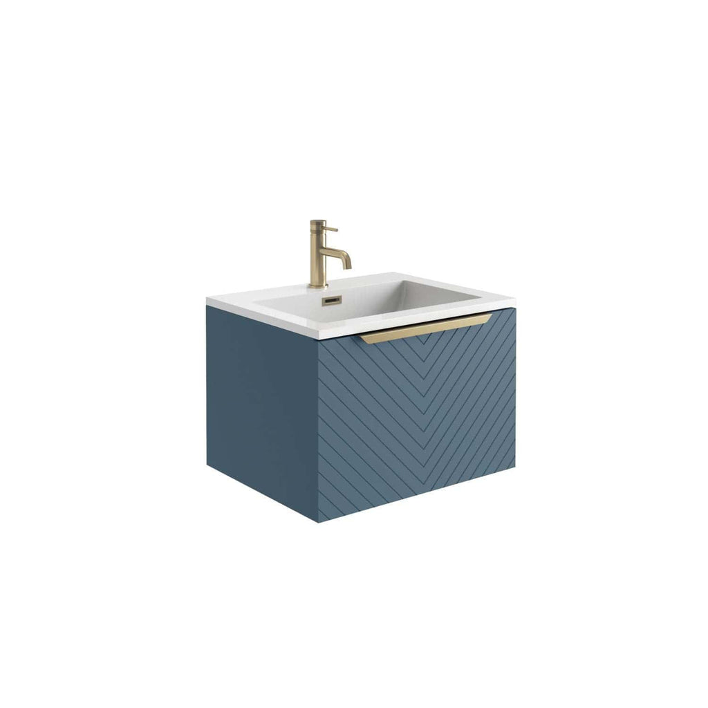 Sleek navy blue bathroom vanity with chevron patterned front, white integrated sink, and modern brushed gold faucet, perfect for contemporary bathroom interiors.