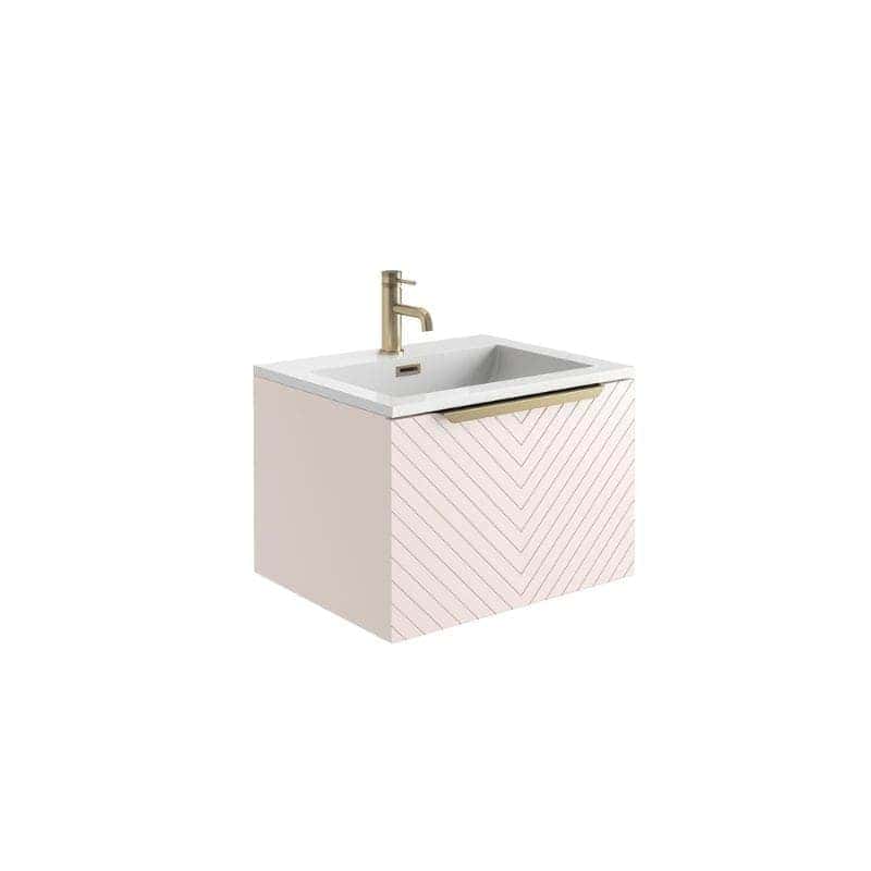 Modern pink bathroom vanity with integrated sink and gold faucet, ideal for stylish bathroom renovations and custom bathroom designs.
