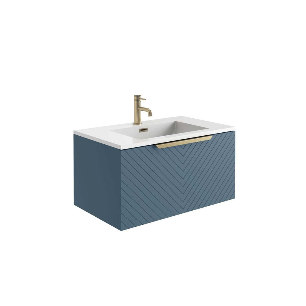 Sleek blue bathroom vanity with a modern design, featuring a stylish white countertop, integrated basin, and brass faucet, perfect for contemporary bathroom décor.