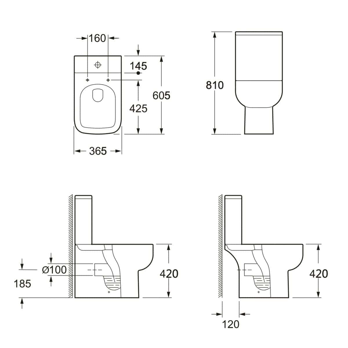 High-resolution technical drawing of a bathroom toilet with detailed measurements, including dimensions for height, width, and installation spacing, suitable for bathroom renovation planning.